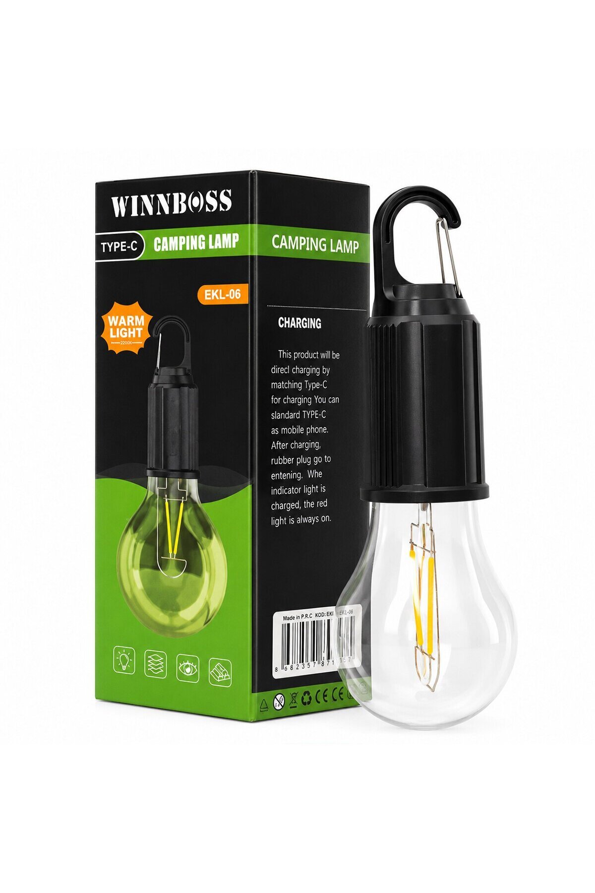 winnboss_lamba_1 Winnboss EKL-06 G-912 USB Şarjlı Kamp Lambası – Seyyar Rustik Ampul, Mandallı Kanca Askılık - Görsel 1